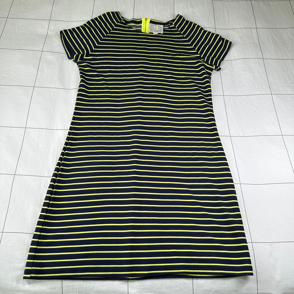 Sail to Sable Dress Womens Medium Navy Blue Lime Striped Short Sleeve Casual